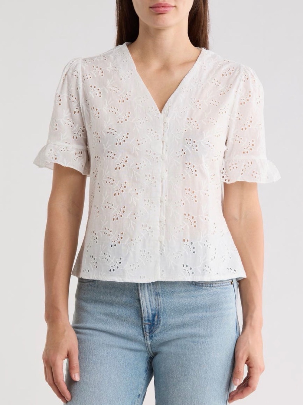 White Eyelet V-Neck Short Sleeve Blouse